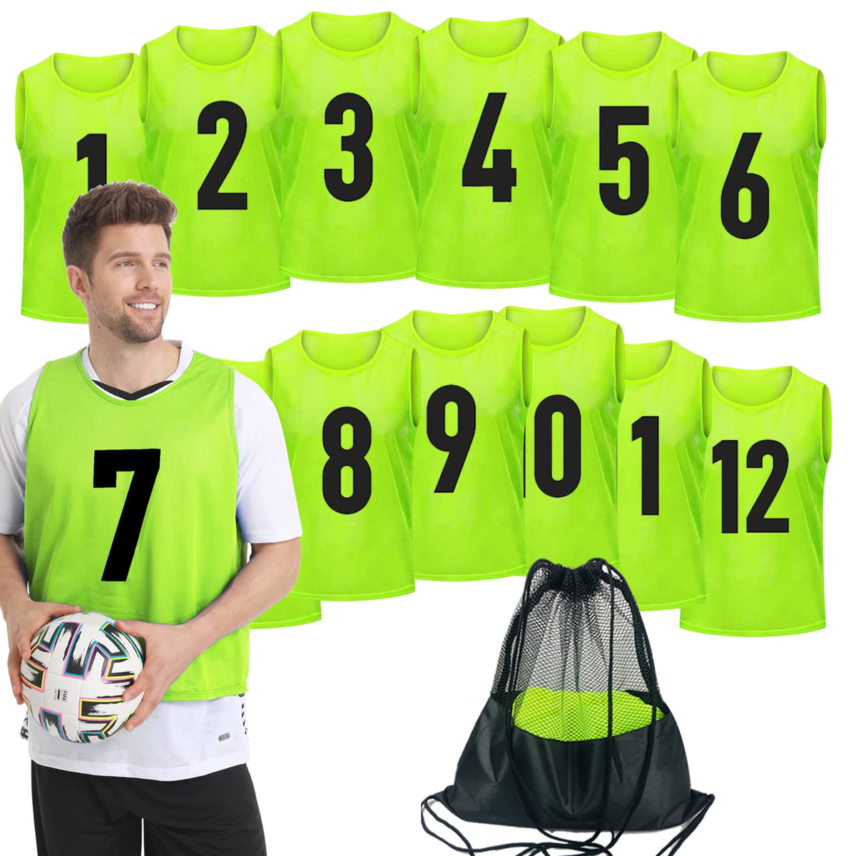 PULUOMASI 12 Pack de Petos para Equipo, Chalecos de Entrenamiento, Camisetas de Práctica para Hombres, Monedas para Deportes, Camisetas de Fútbol para Adultos y Jóvenes Verde XL